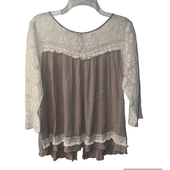 Umgee Tops - Umgee Top Womens L Lace Accents Fringe Tan Open Back Shirt Boho Blouse peasant